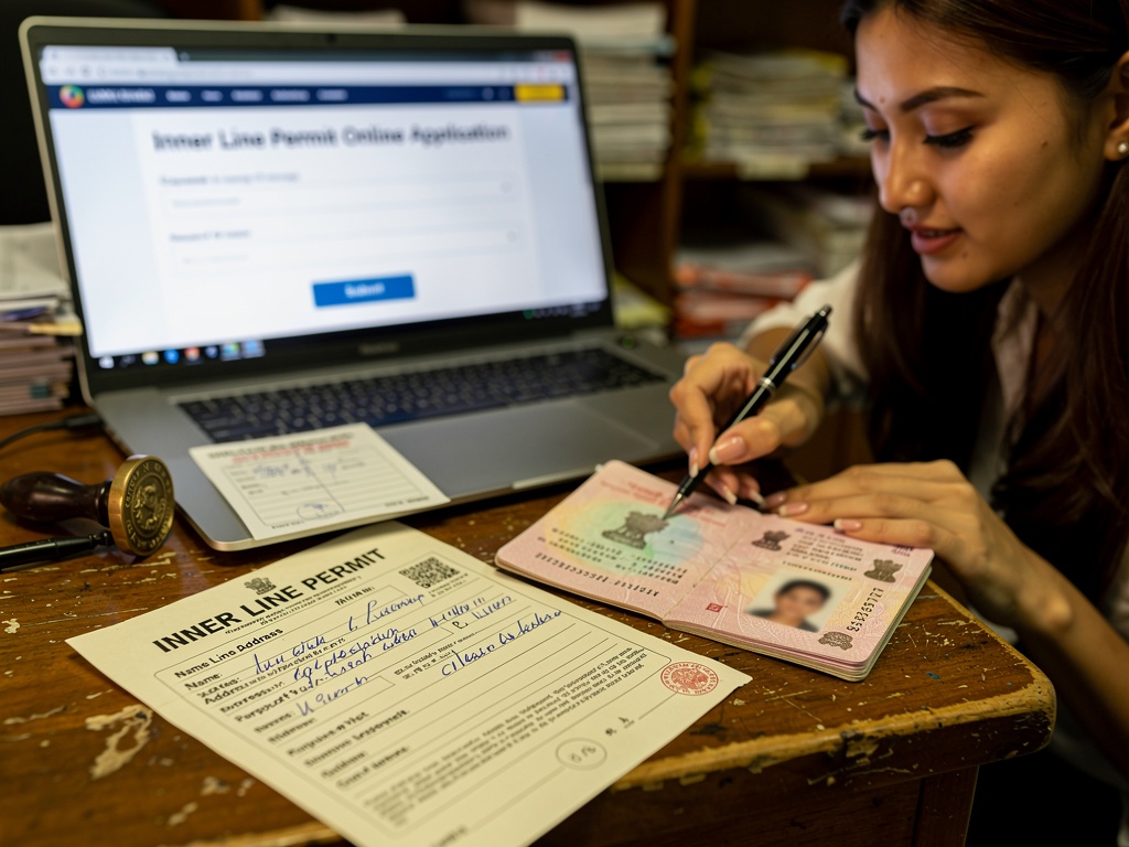 Inner Line Permit documents and passport on a desk