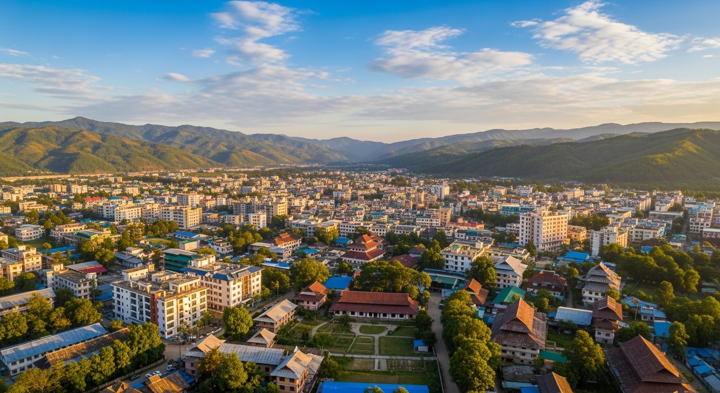 Panoramic aerial view of Imphal valley surrounded by hills