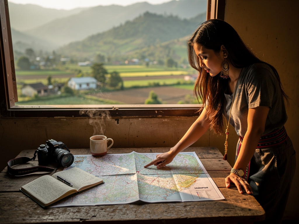 Planning an Imphal itinerary with a map and notebook