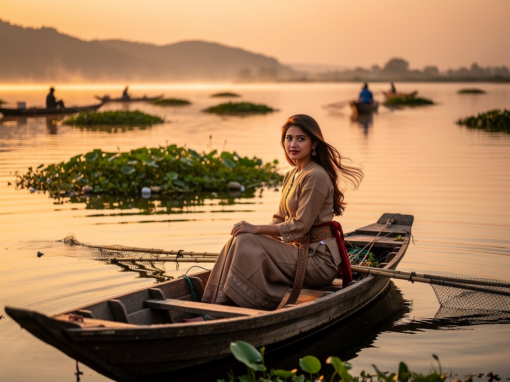 Fishermen on Loktak Lake at golden hour