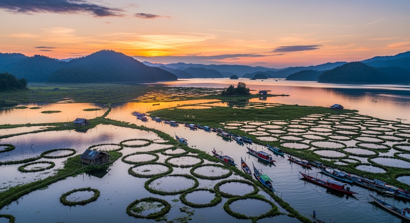 Scenic Loktak Lake with floating phumdis and mountains in background
