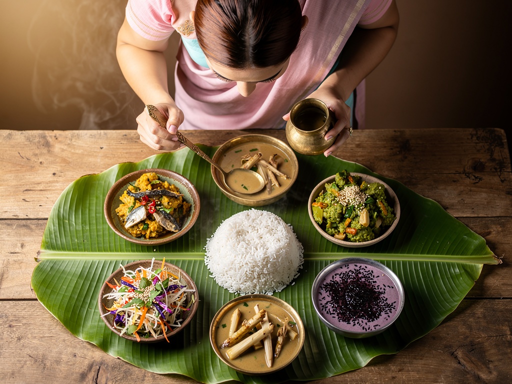 Traditional Manipuri thali with Eromba, Singju and black rice