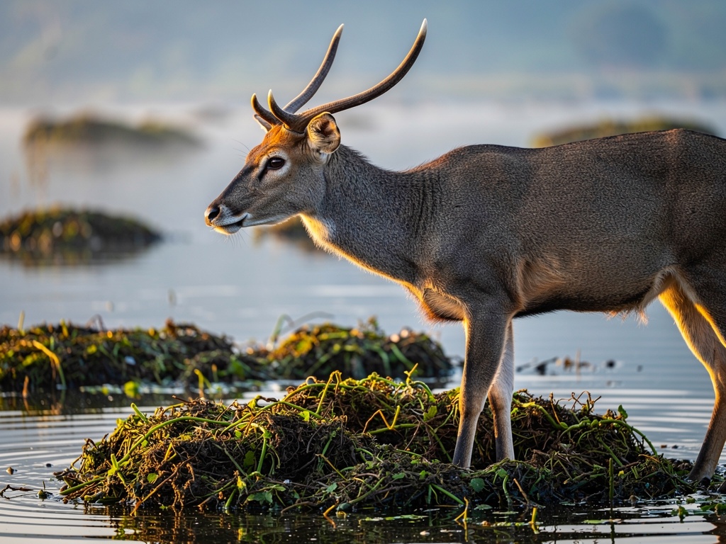 Endangered Sangai deer standing on floating phumdis at Keibul Lamjao