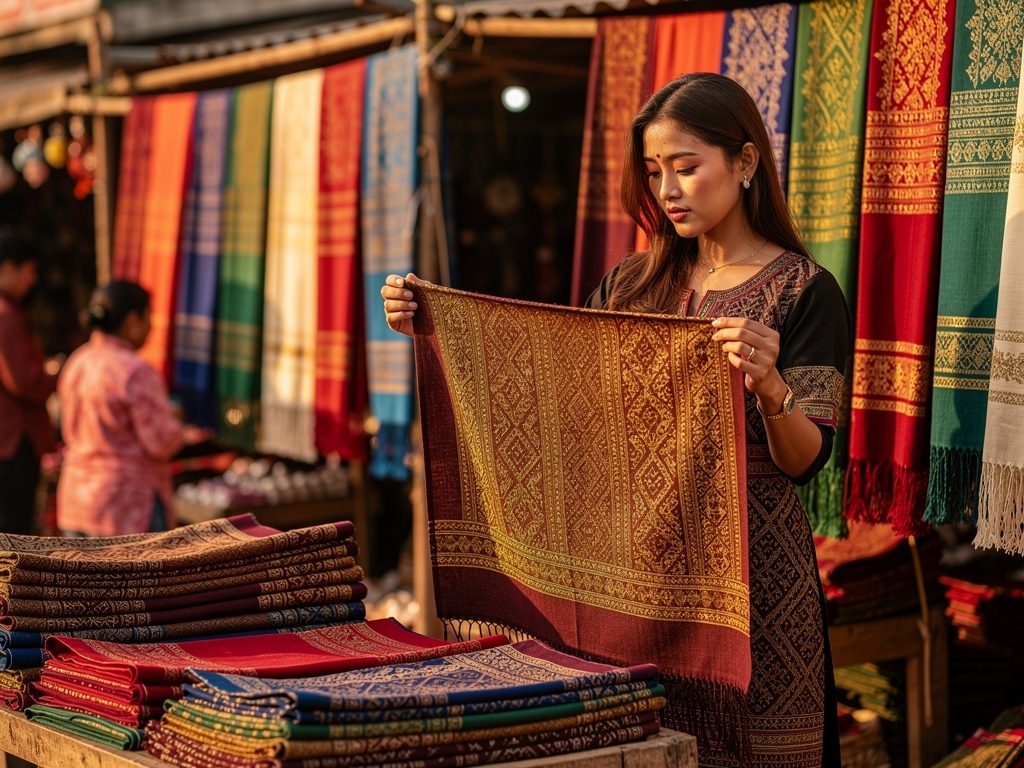 Folded Manipuri handloom shawls on a market table